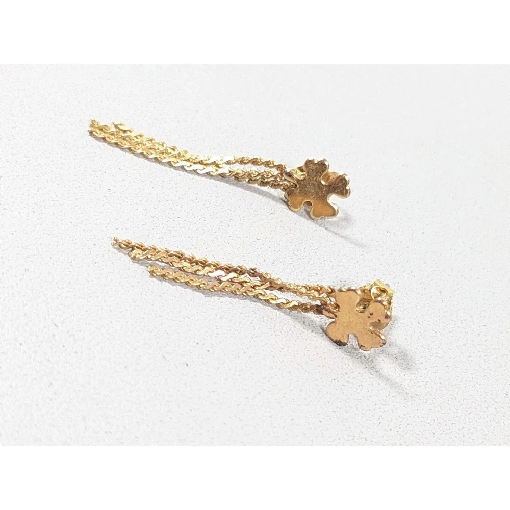 Vintage Gold‎ Tone Clover Shamrock Chain Fringe Dangle Earrings